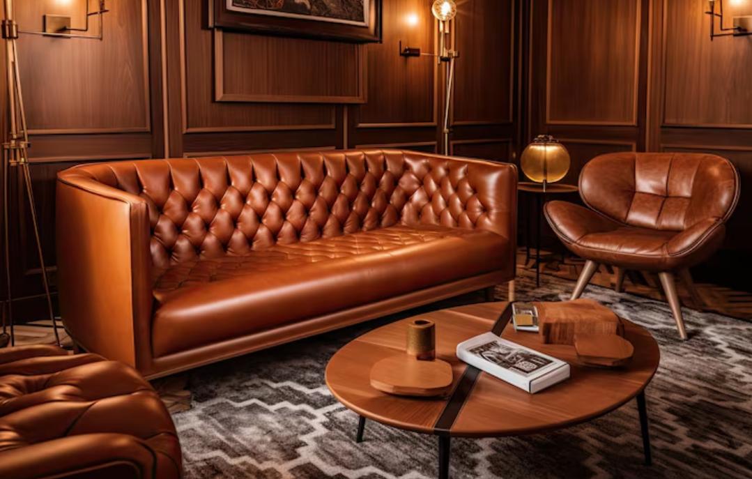 canapé en cuir dans un petit salon